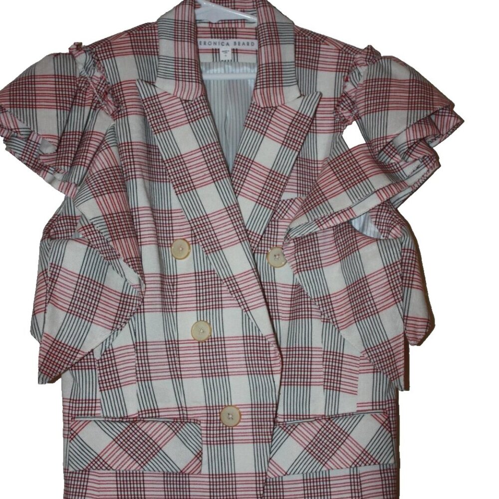Veronica Beard Rosa Red/White/Black Plaid Ruffle Sleeves Linen Vest Jacket sz 6